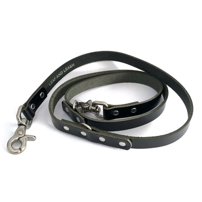 Adjustable Leather Dog Leash - Black & Stainless Steel