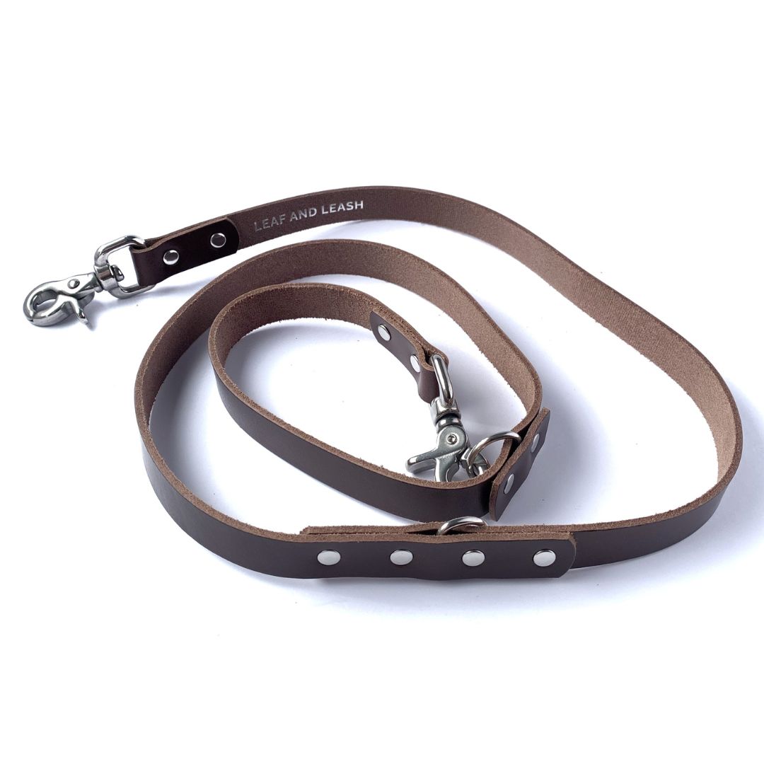 Adjustable Leather Dog Leash - Dark Brown & Stainless Steel