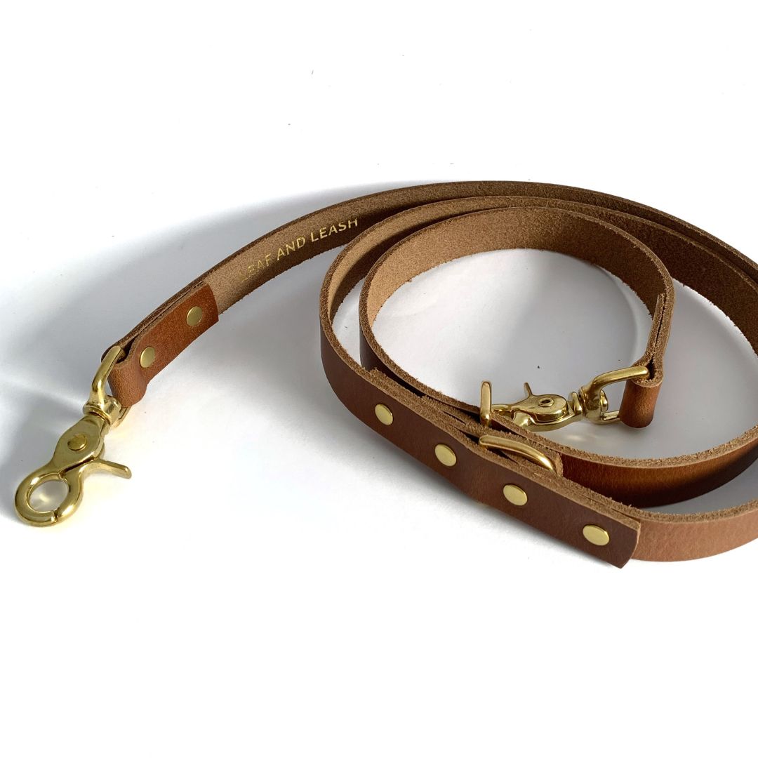 Adjustable Leather Dog Leash - Tan & Brass