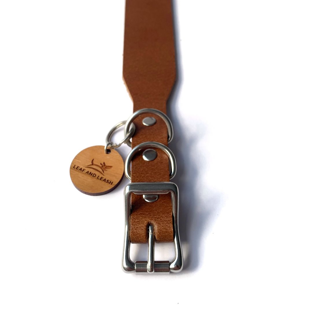 Leather Dog Collar - Tan & Stainless Steel