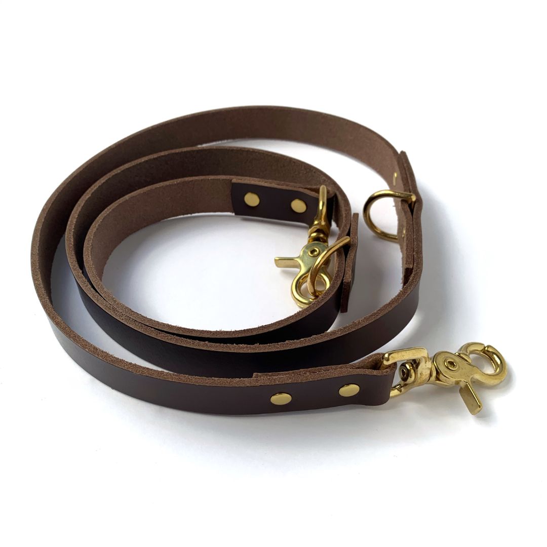 Adjustable Leather Dog Leash - Dark Brown & Brass