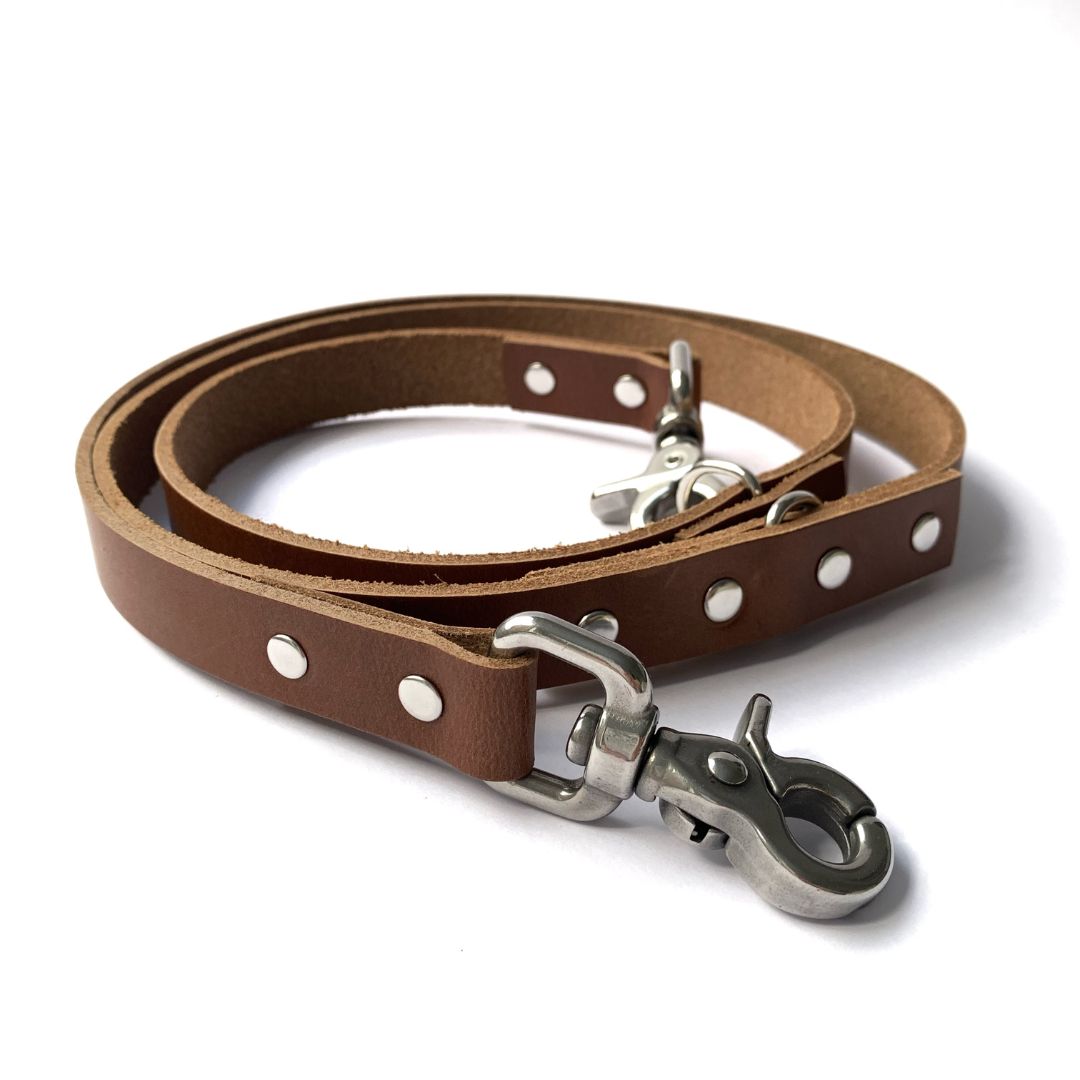 Adjustable Leather Dog Leash - Tan & Stainless Steel