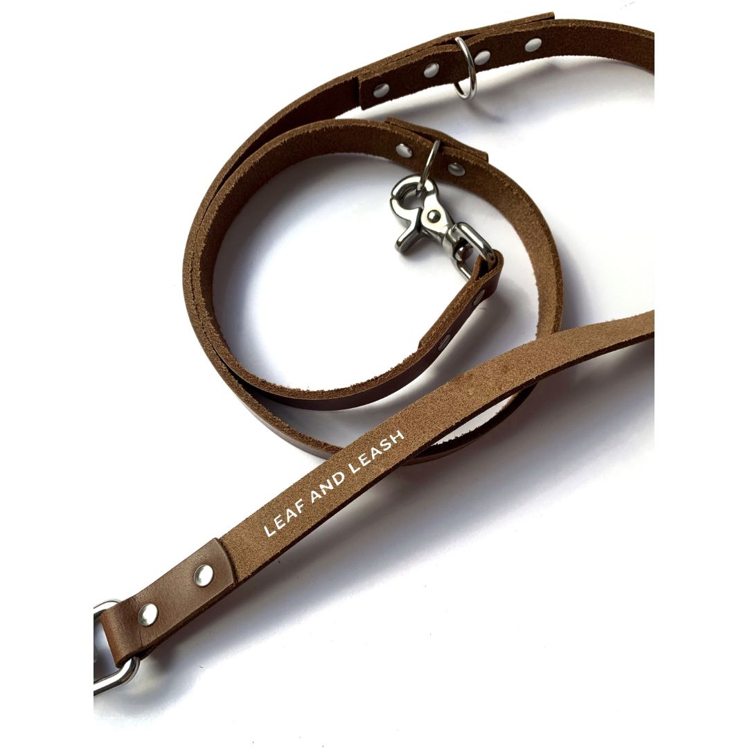 Adjustable Leather Dog Leash - Tan & Stainless Steel