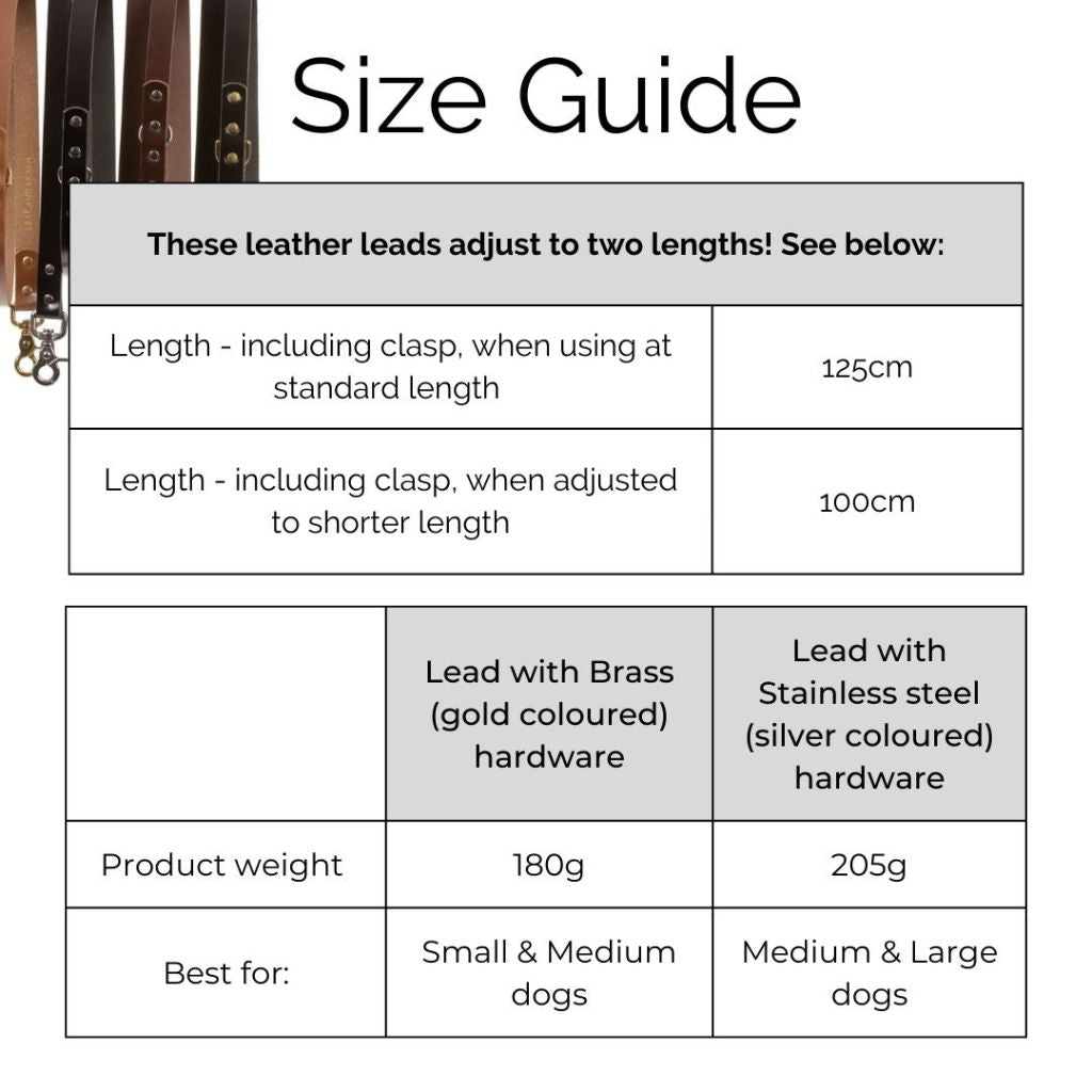 leather dog lead size chart. short and standard dog leads australia